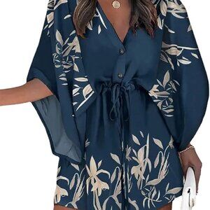 Women Boho Dress Print Drawstring 3/4 Sleeve V Neck Casual Sun Beach